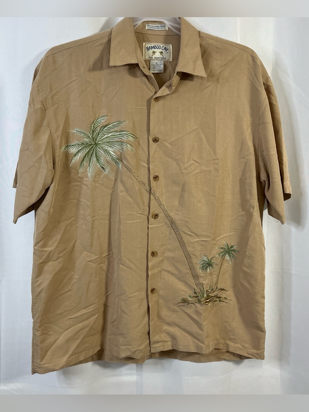 VTG Bamboo Cay Mens Hawaiian Camp Shirt Embroidered Tropical Palm Resort M